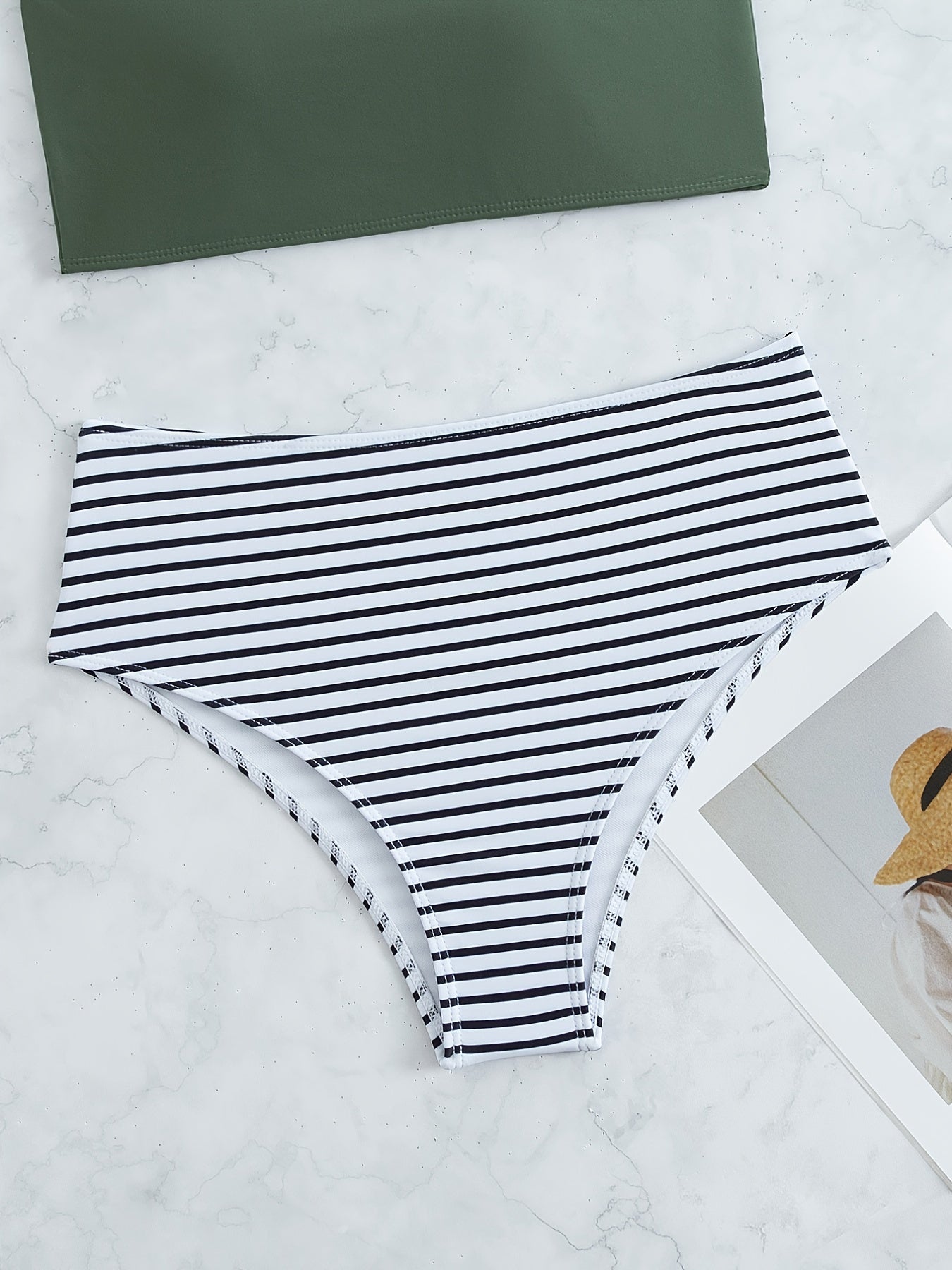 Striped Print Bandeau Two Piece Swimsuit, Army Green Strapless Tube Top, High Rise Black & White Striped Bottom Bikini Sets, Women's Swimwear & Clothing