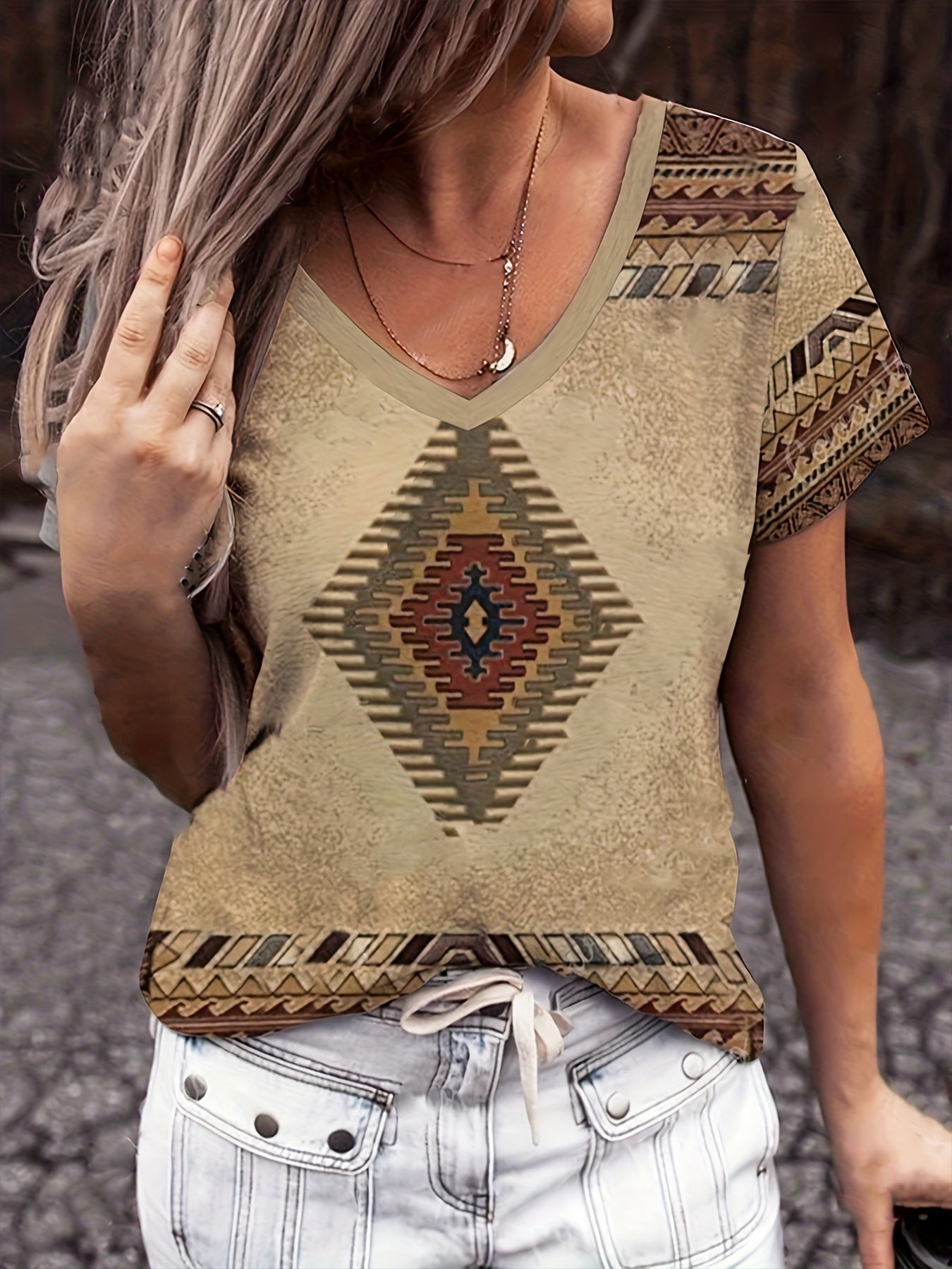 Western Geo Print V Neck T-Shirt, Casual Short Sleeve T-Shirt For Spring & Summer, Women's Clothing