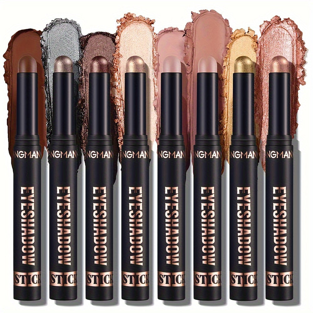 8 Colors Long-Lasting Waterproof Eyeshadow Sticks Set - High Pigmented Shimmer, Glitter, and Matte Neutral Brown Shades - Easy to Apply, Blend, and Buildable Crayon Pencil Set for Professional Makeup Look