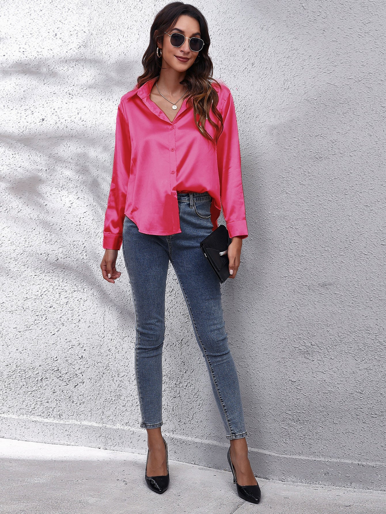 Solid Color Long Sleeve Button Down Tops, Business Casual Blouses For All Seasons, Women's Clothing