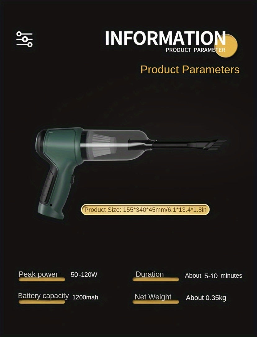 A Three In One Wireless Vacuum Cleaner With A High Power, Which Can Be Used For Suction, Air Extraction, And Blowing, Both In The Car And At Home. It Has An Extended Battery Life, Can Absorb Dust, Debris, Pet Hair, Air Extrac