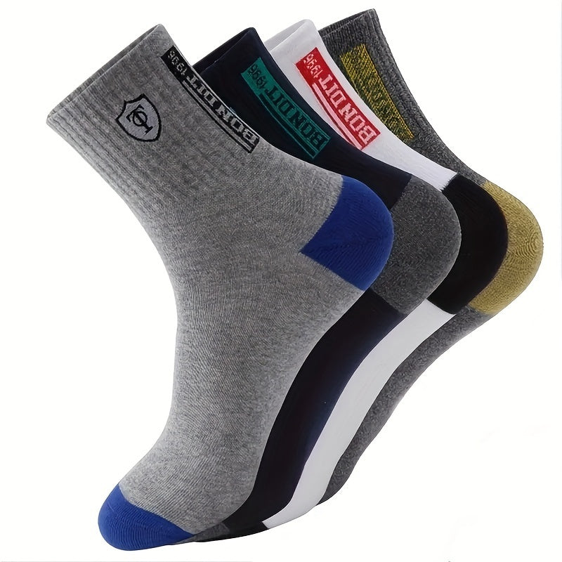 [5 Pairs Sweat-Resistant Crew Socks] 5 Pairs Men'S Athletic Crew Socks, Moisture-Wicking Knit Fabric, Solid Color, Polyester 75%, Spandex 25%, with Embroidered Badge, for Hand Wash Only, Sweat-Resistant