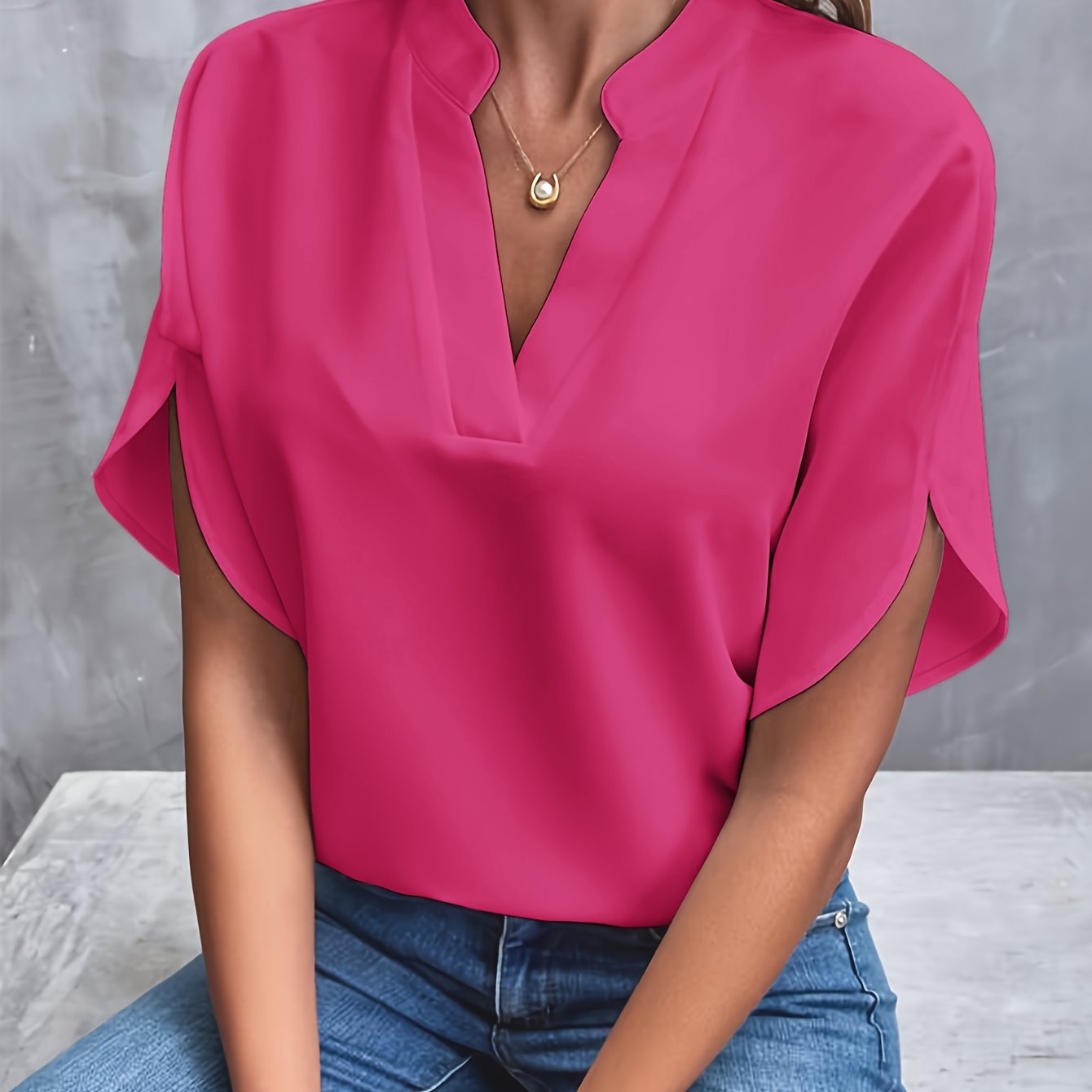 Solid Color Notch Neck Blouse, Casual Short Split Sleeve Blouse For Spring & Summer, Women's Clothing