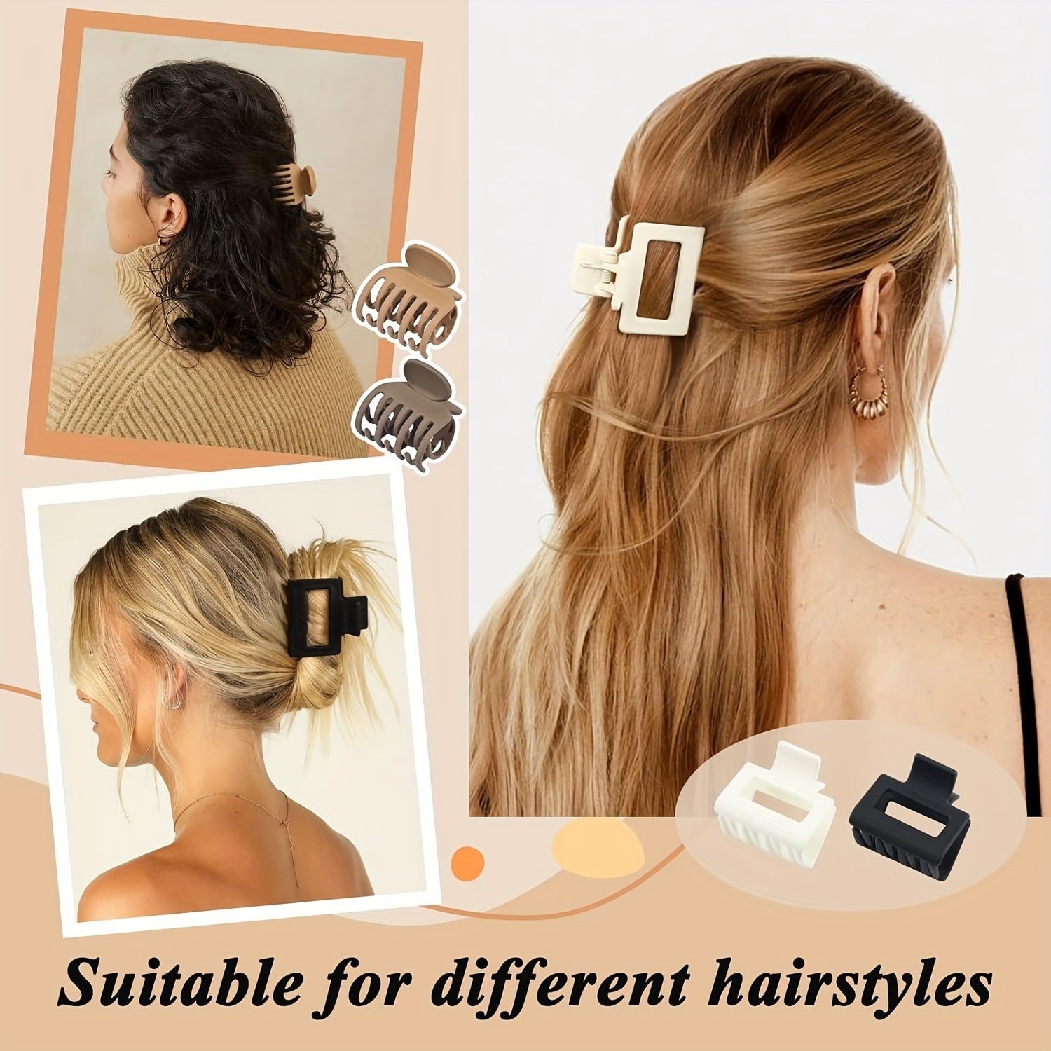 4pcs/8pcs Medium Claw Hair Clips for Women, Matte 1.6 Inch Rectangle Double Row Teeth Hair Claw Clips for Thin/Medium Fine Hair, Non Slip Jaw Clips, Formal Hairstyles, Wedding Hair Clips, Matte Finish, Smooth Grip, Durable Cl