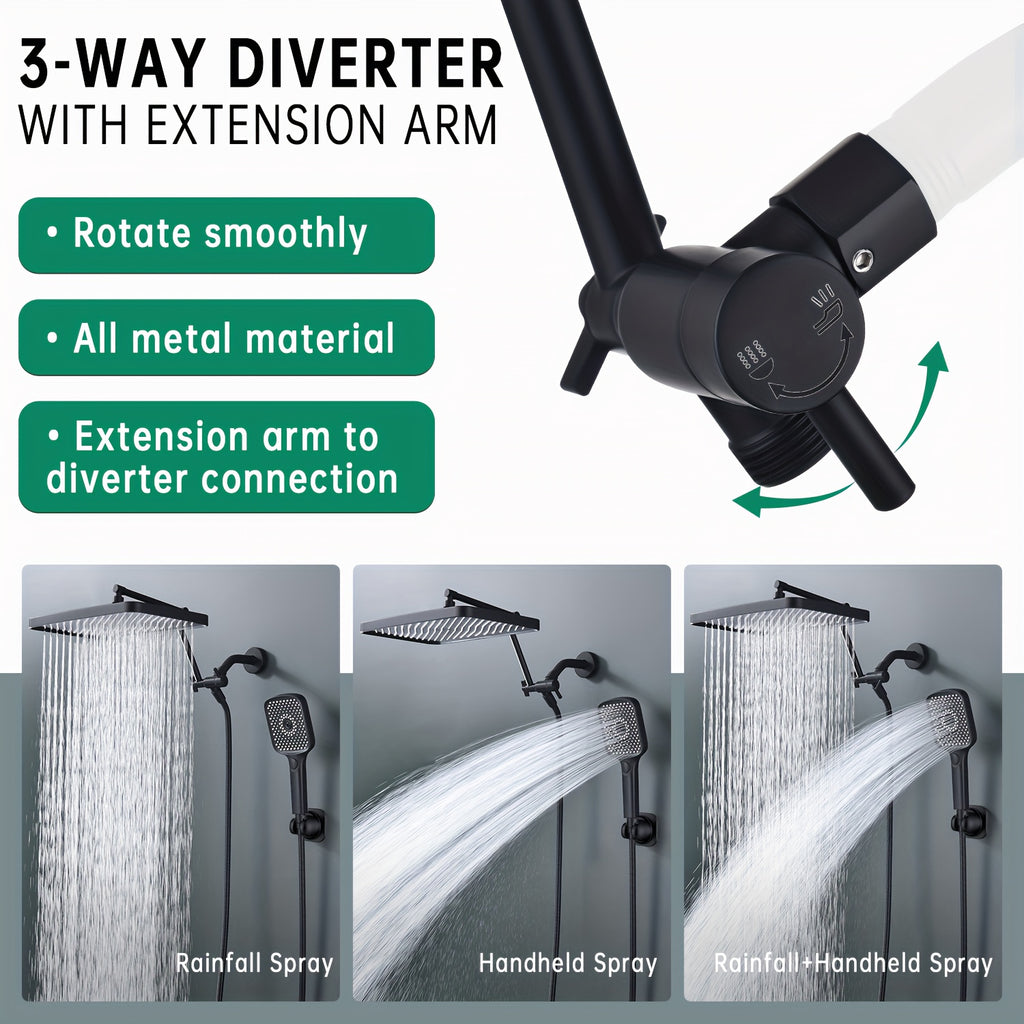 Shower Heads with Handheld Spray Combo, 13 Inches Rain Shower Head with 4-Mode Shower Wand, and 13 Inches Adjustable Arm, 3-Way Shower Diverter Valve, Extra Long Hose