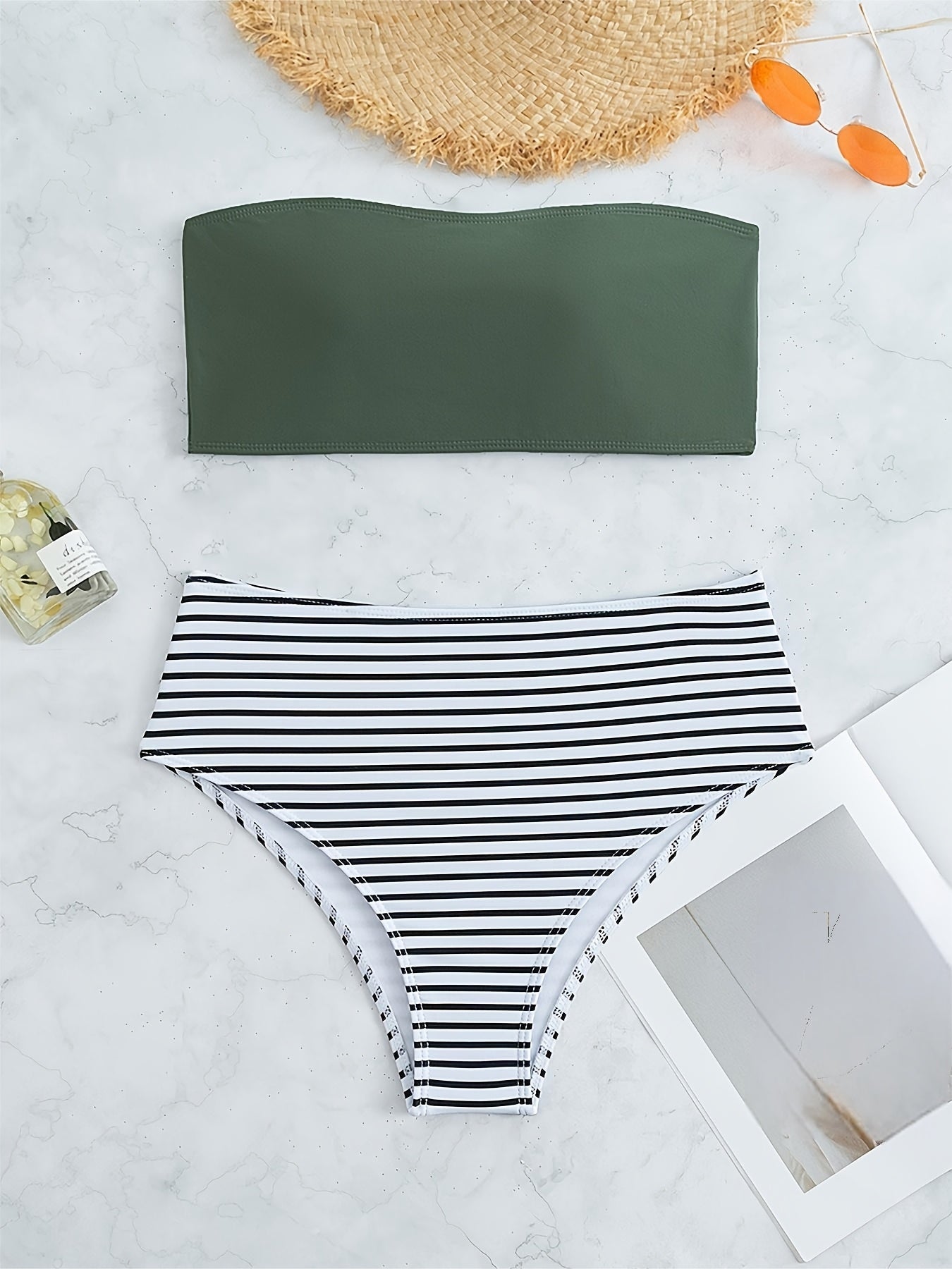Striped Print Bandeau Two Piece Swimsuit, Army Green Strapless Tube Top, High Rise Black & White Striped Bottom Bikini Sets, Women's Swimwear & Clothing