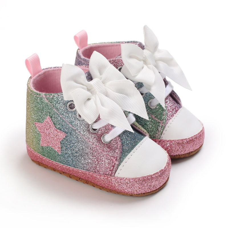 Infant Baby Gils Canvas Shoes, Soft-soled Non-slip High Top First Walker Shoes With Bow Decor