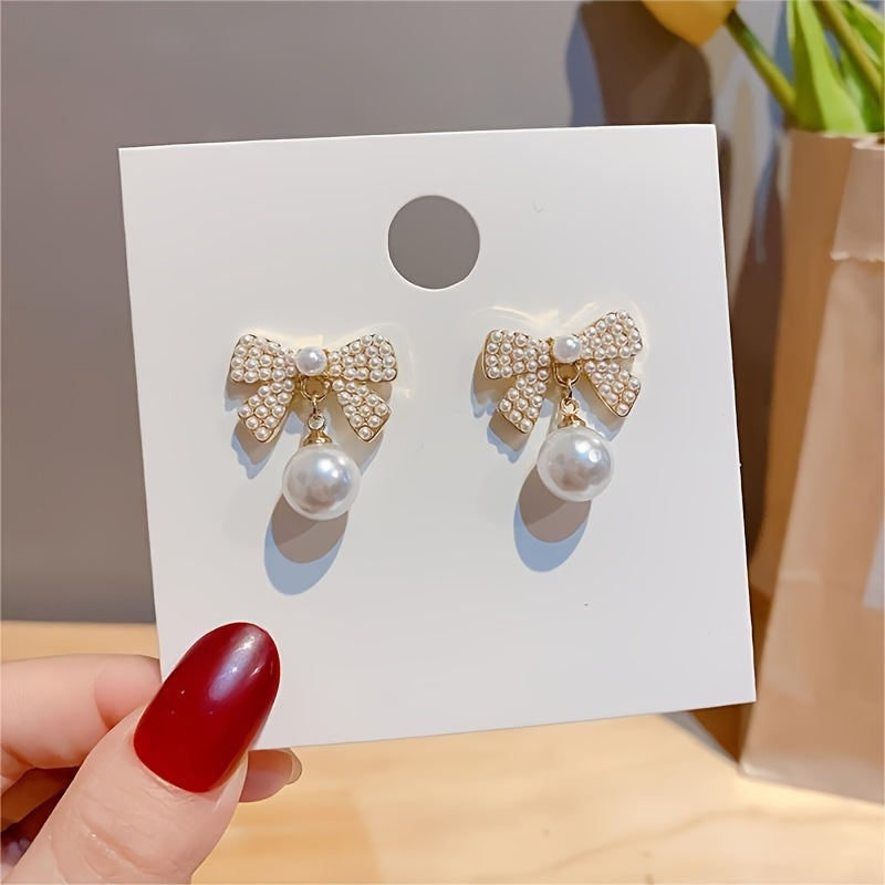 Faux Pearls Elegant Stud Earrings Bowknot Shape Ear Jewelry Decorations For Women & Girls