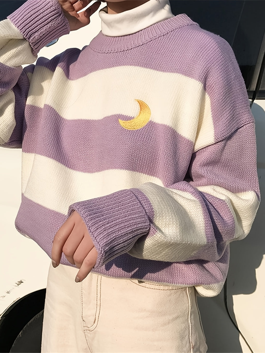 Kawaii Round Neck Striped Pullover Sweater, Casual Every Day Top For Winter & Fall, Women's Clothing