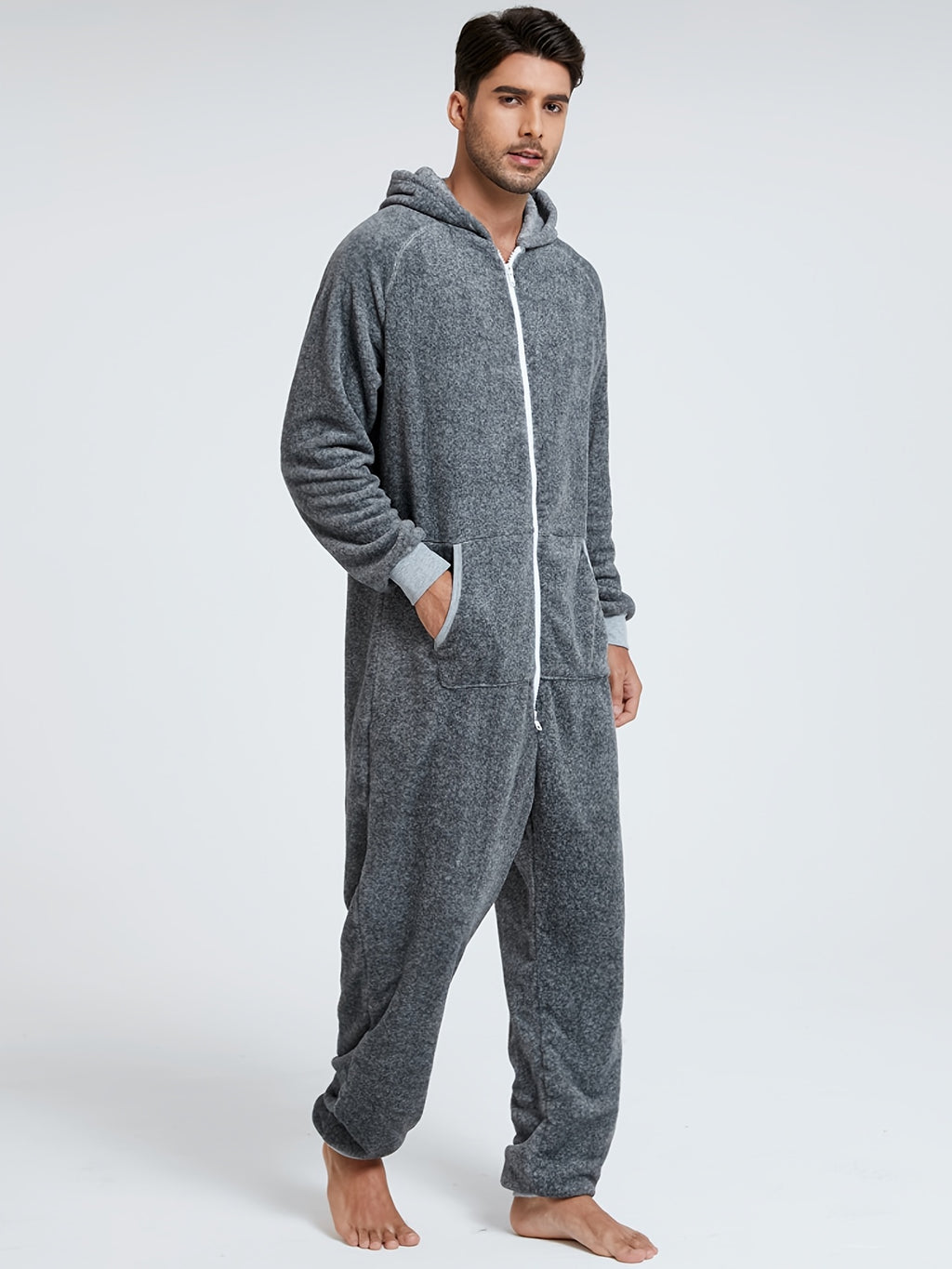 Men'S Heavy-Duty Full-Zip Hooded Onesie - Long Sleeve Winter Sleepwear, Thermal Insulated Lounge suit with Drawstring Hood, Loose Fit Onesie for Cold Weather, Christmas Costume & Everyday Indoor/Outdoor Use - Easy Zipper Clos