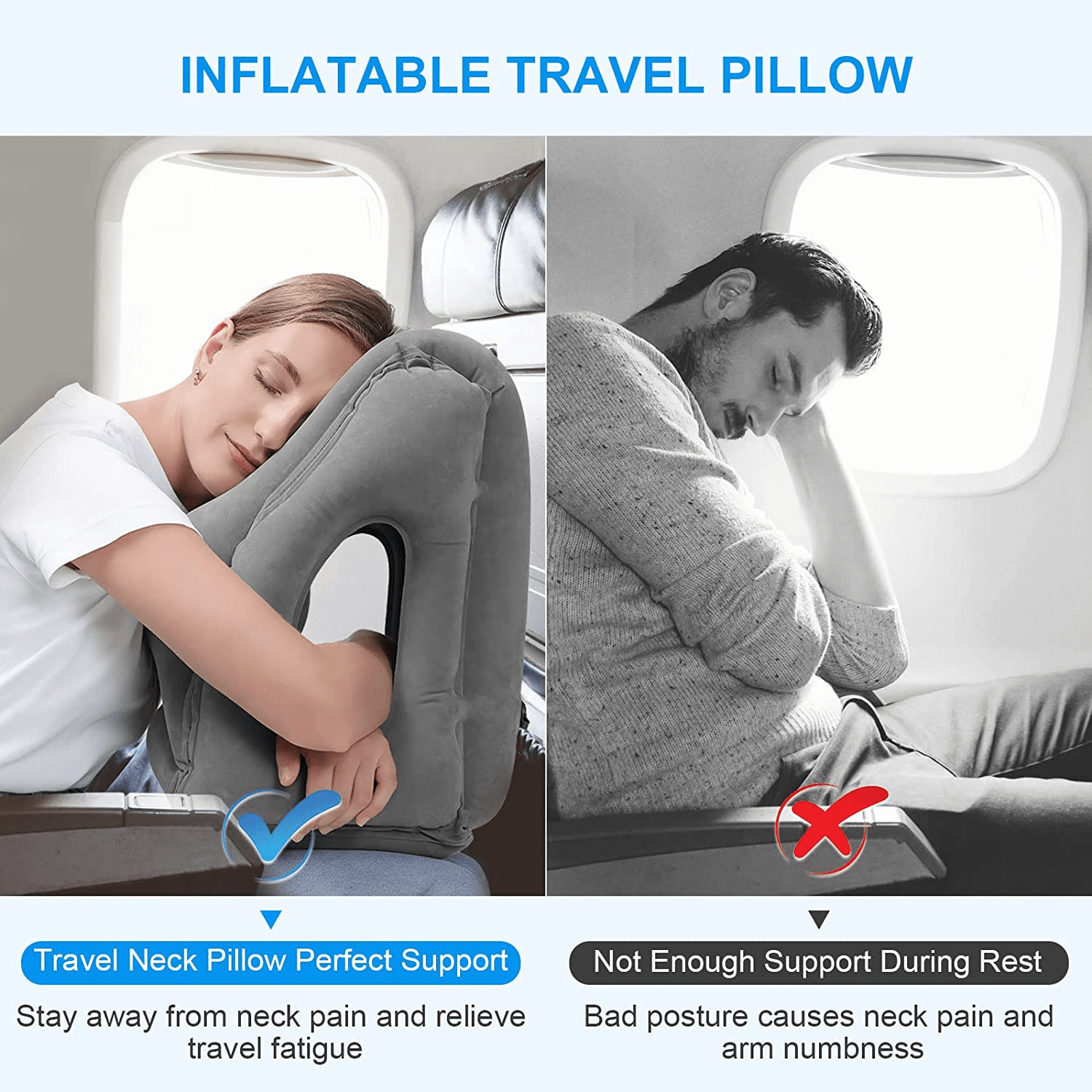 Portable Inflatable Travel Pillow for Airplanes, Cars, Trains & Office Naps - Ergonomic Design with Soft Compression, Durable & Lightweight, Ideal for Camping, RVs, and Sports Events, Travel Pillow for Airplanes, Vehicle Neck