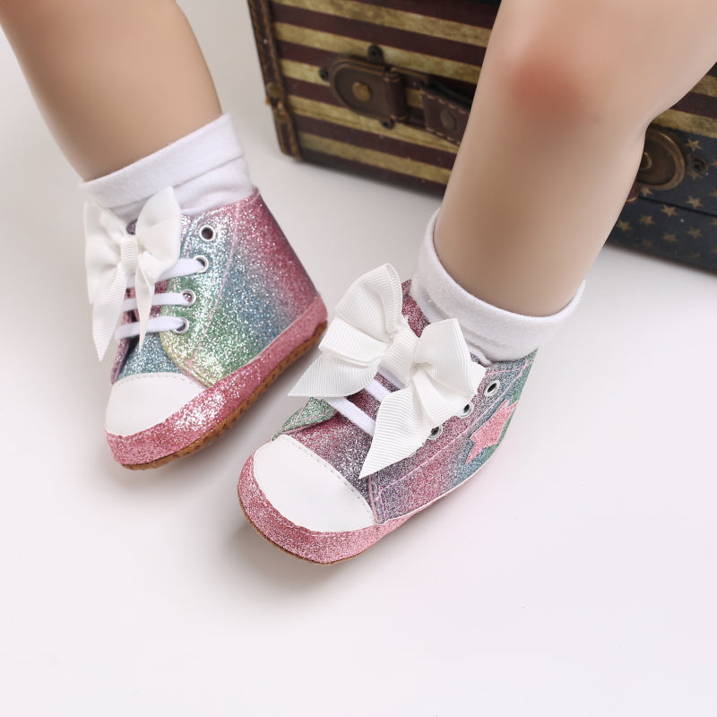 Infant Baby Gils Canvas Shoes, Soft-soled Non-slip High Top First Walker Shoes With Bow Decor