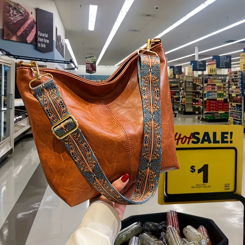 [Retro Bag] Large Retro Geometric Strap Bag | Wide Crossbody Bag, Fashion Shoulder Bag