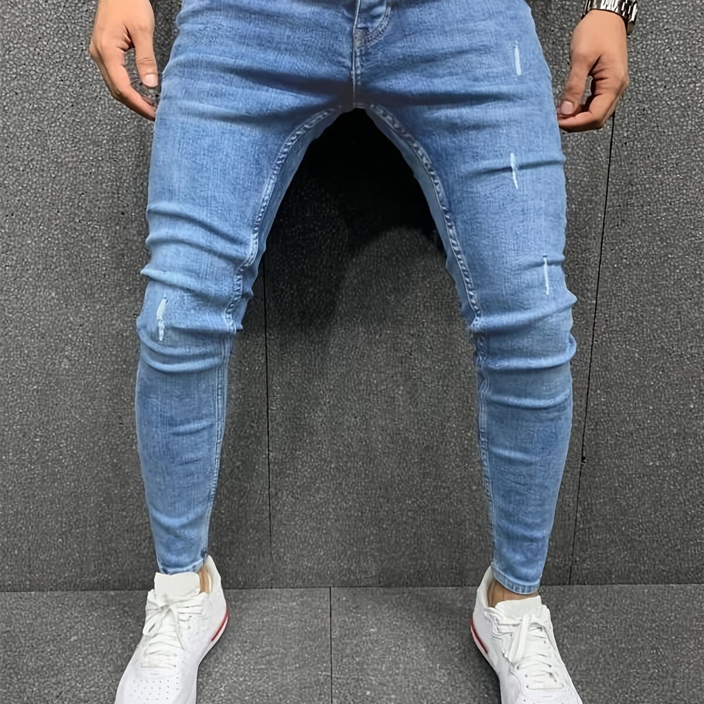 Slim Fit Distressed Cotton Jeans, Men's Casual Street Style Solid Color Washed Mid Stretch Denim Pants For Spring Summer