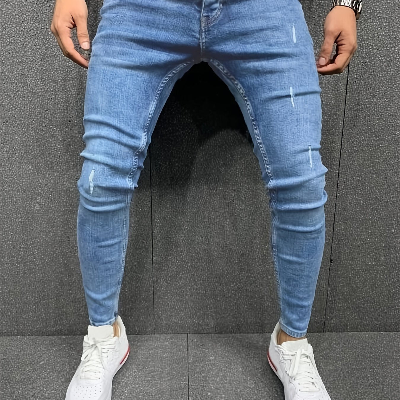 Slim Fit Distressed Cotton Jeans, Men's Casual Street Style Solid Color Washed Mid Stretch Denim Pants For Spring Summer