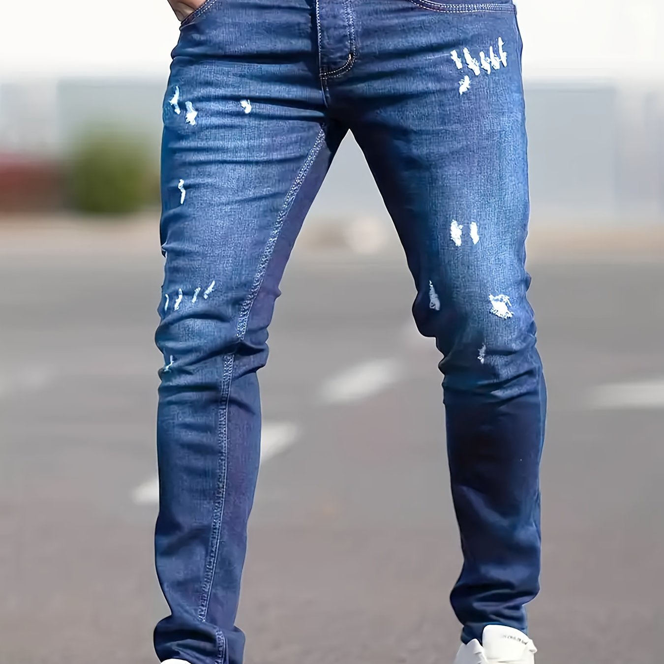 Slim Fit Ripped Jeans, Men's Casual Street Style Distressed Medium Stretch Denim Pants