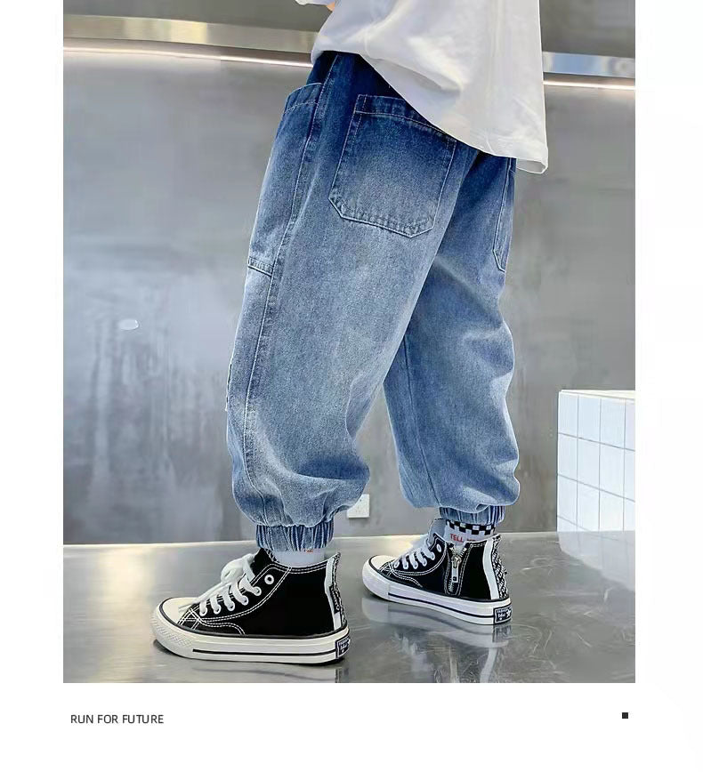 Boys' Light Wash Distressed Faux Denim - Loose Fit Casual Pants with Belt Loops & Button Closure, Machine Washable, Non-Stretch Fabric, Spring/Fall Wardrobe Essential for School, Jeans for Boys