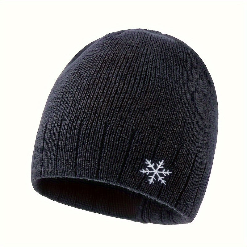 Snowflake Logo Striped Knitted Beanie, Double-Layer Fleece-Lined Thick Warm Comfortable Brimless Hat for Autumn and Winter Outdoor Casual Sports Mountaineering Skiing Running Cycling Windproof Ear Protection Street Hip-Hop Sn