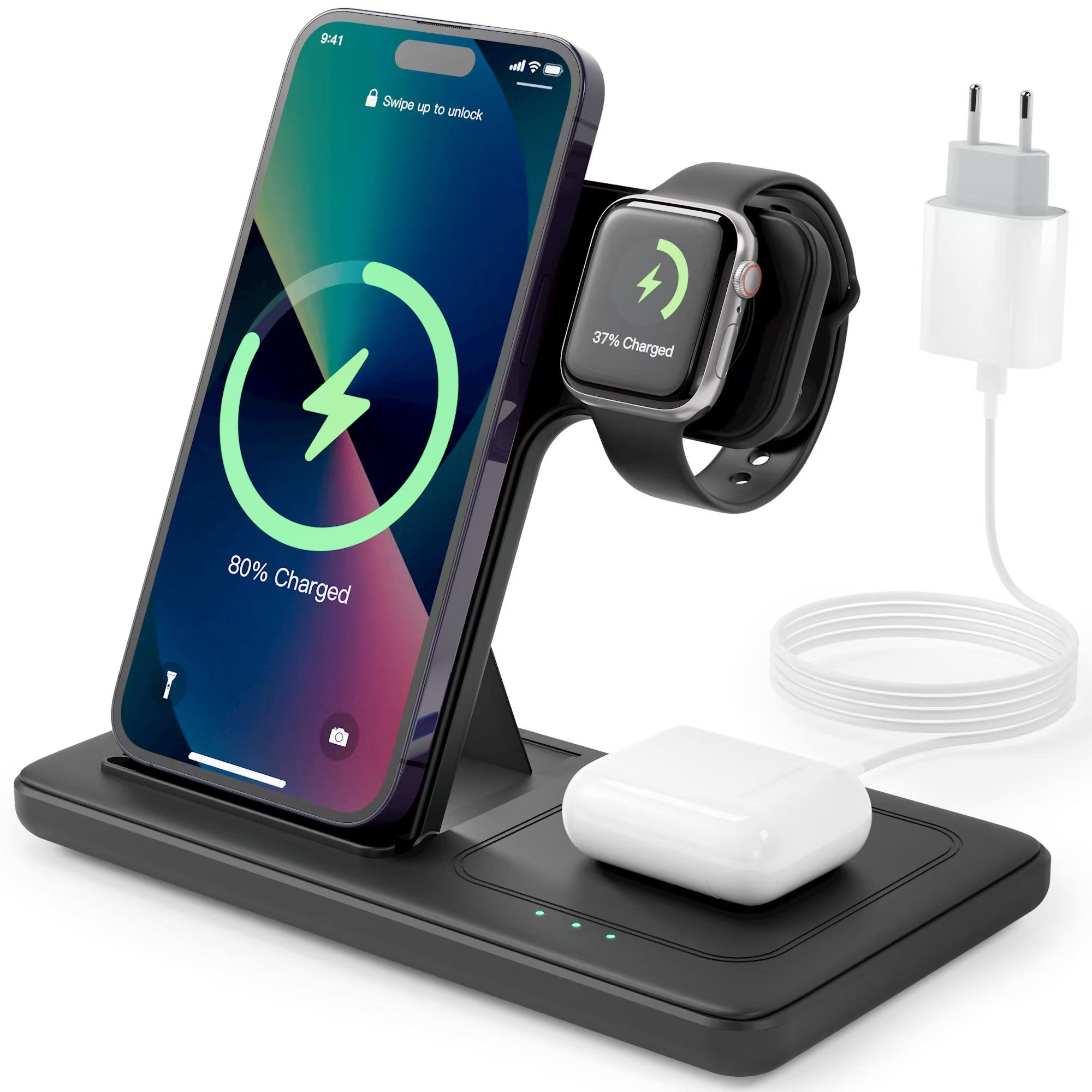 Wireless Charger, 3 in 1 Charging Station, With Adapter，15W Qi Fast Foldable Magnetic Stand Dock Replacement for iPhone 16 15 14 13 12 11 Pro Max XS XR X, iWatch 10 9 8 7 6 5 4 3 SE, AirPods 4 3 Pro (With Adapter)
