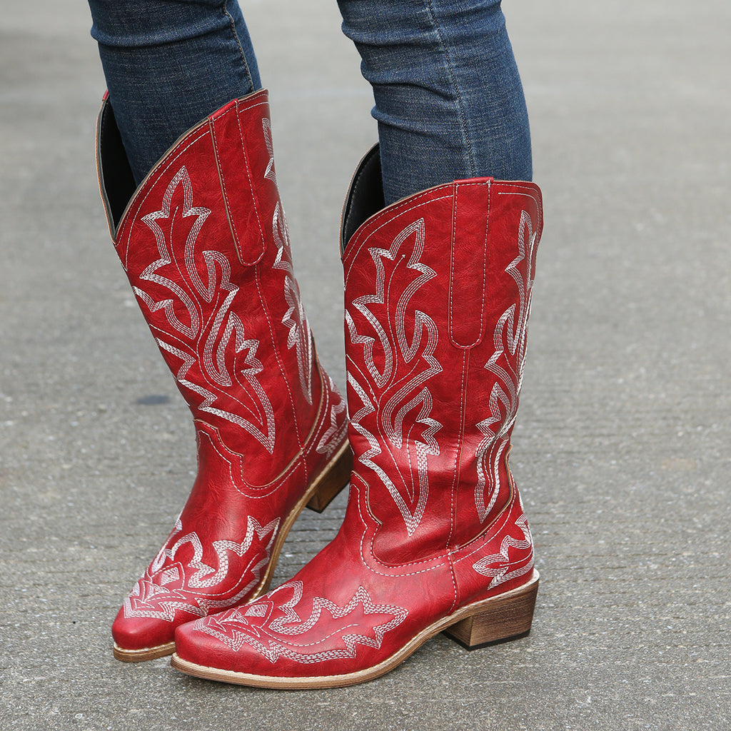 [Retro Cowgirl Boots] Retro Style Women's Western Mid Calf Boots | V-cut Embroidery Cowgirl Boots, Pointed Toe Slip On Shoes