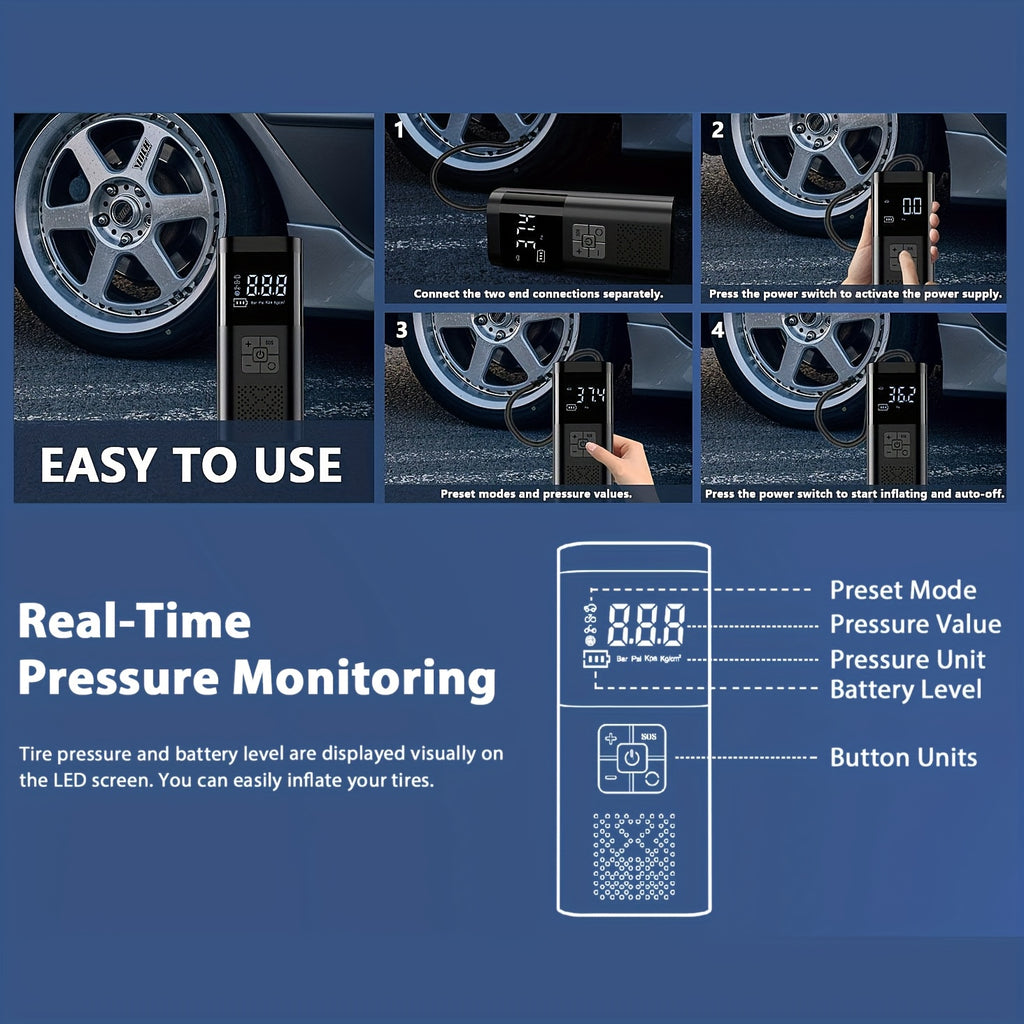 Portable Air Compressor Tire Inflator, 150PSI Car Tire Pump with Pressure Gauge, LED Light And 3X Faster Single-Button Smart Wireless Tire Pump for Cars, Motorcycles