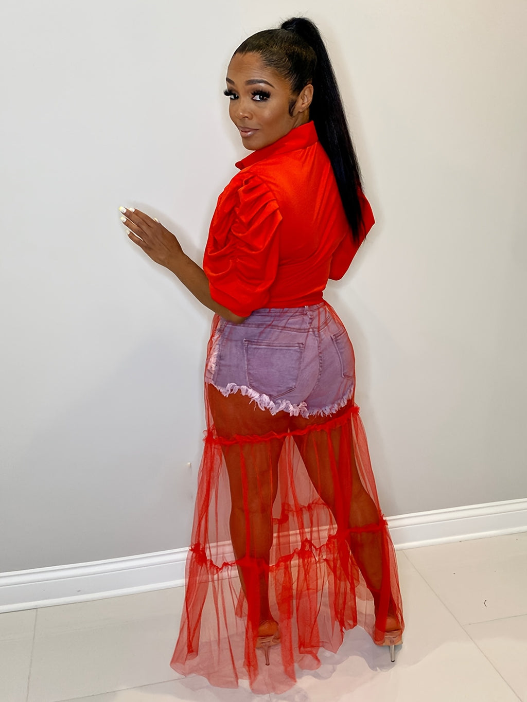 Shirt Top Stitching Mesh Dress, Sexy Short Sleeve Turn Down Collar Tie Waist Dress, Women's Clothing