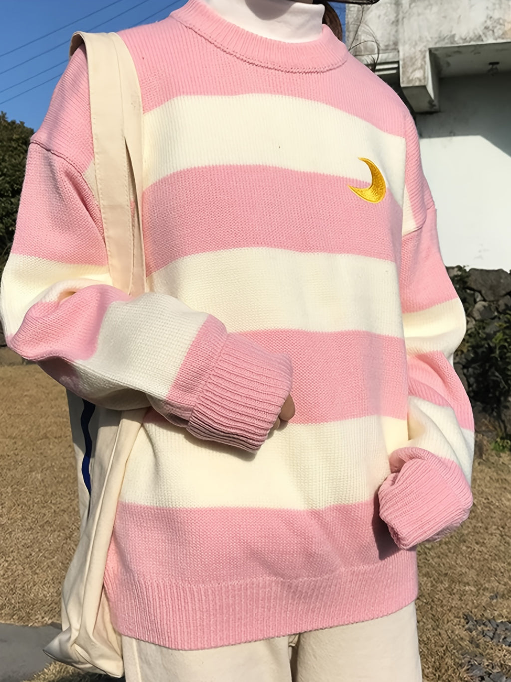 Kawaii Round Neck Striped Pullover Sweater, Casual Every Day Top For Winter & Fall, Women's Clothing