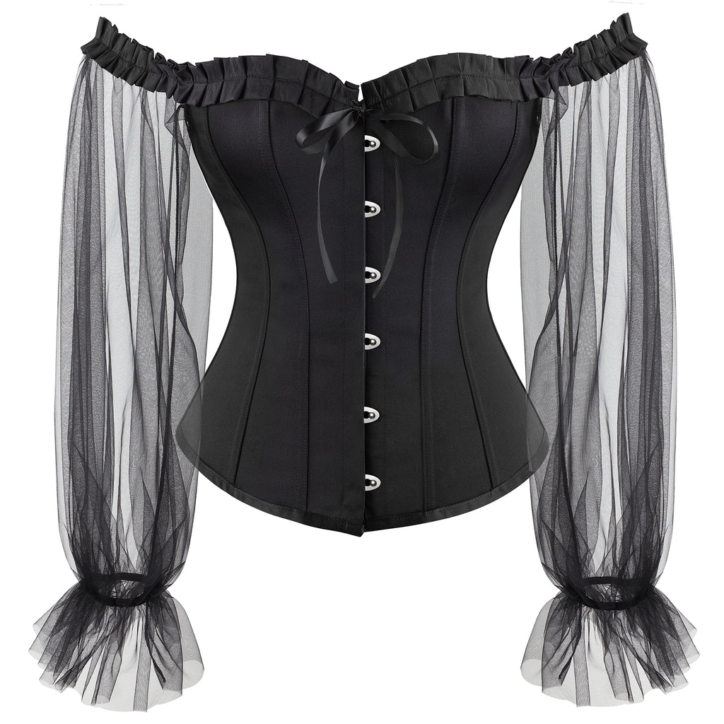 Off Shoulder Neck Corsets For Women Sheer Mesh Long Puff Sleeve Overbust Corset Gothic Lace-up Boned Bustier Tops Black