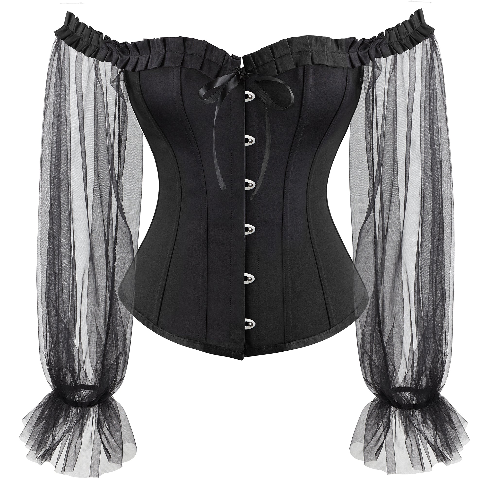 Off Shoulder Neck Corsets For Women Sheer Mesh Long Puff Sleeve Overbust Corset Gothic Lace-up Boned Bustier Tops Black