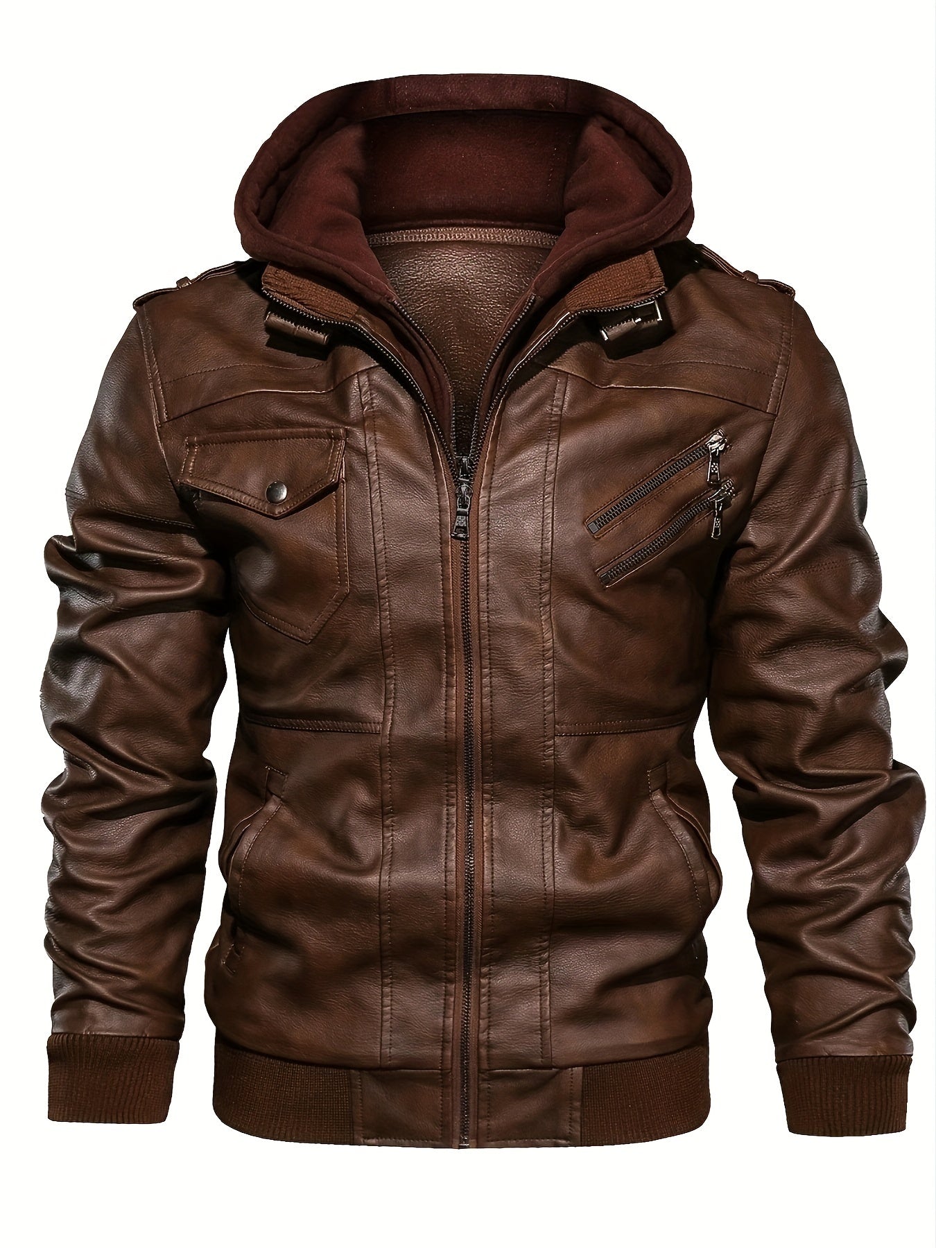 Men's PU Leather Hooded Pockets Zipper Long Sleeves Jackets