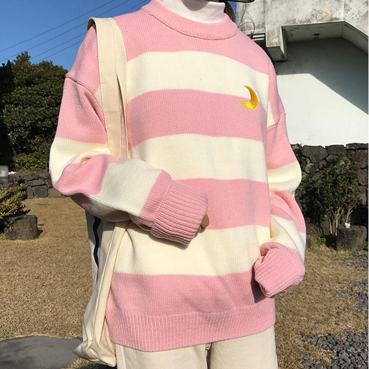 Kawaii Round Neck Striped Pullover Sweater, Casual Every Day Top For Winter & Fall, Women's Clothing