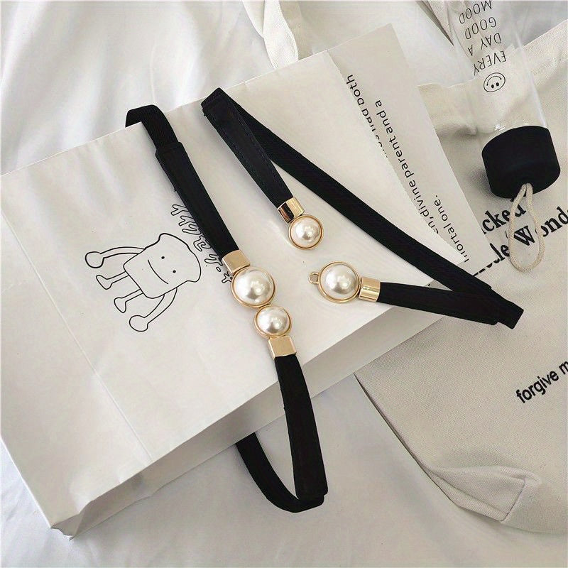 Faux Pearl Elastic Thin Belt, Women's Decoration For Dress, Fashion Simple Women's Buckle Thin Belt