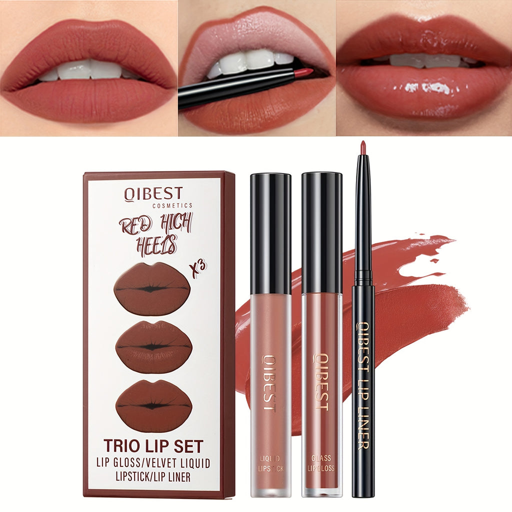 Lip Liner, Lipstick And Lip Gloss Trio Set, Matte Liquid Lipstick + Matching Lip Liner + Lip Gloss Nude Velvety Lipstick Makeup Kit Gift Set, Waterproof Long Lasting, Contains Plant Squalane Formula