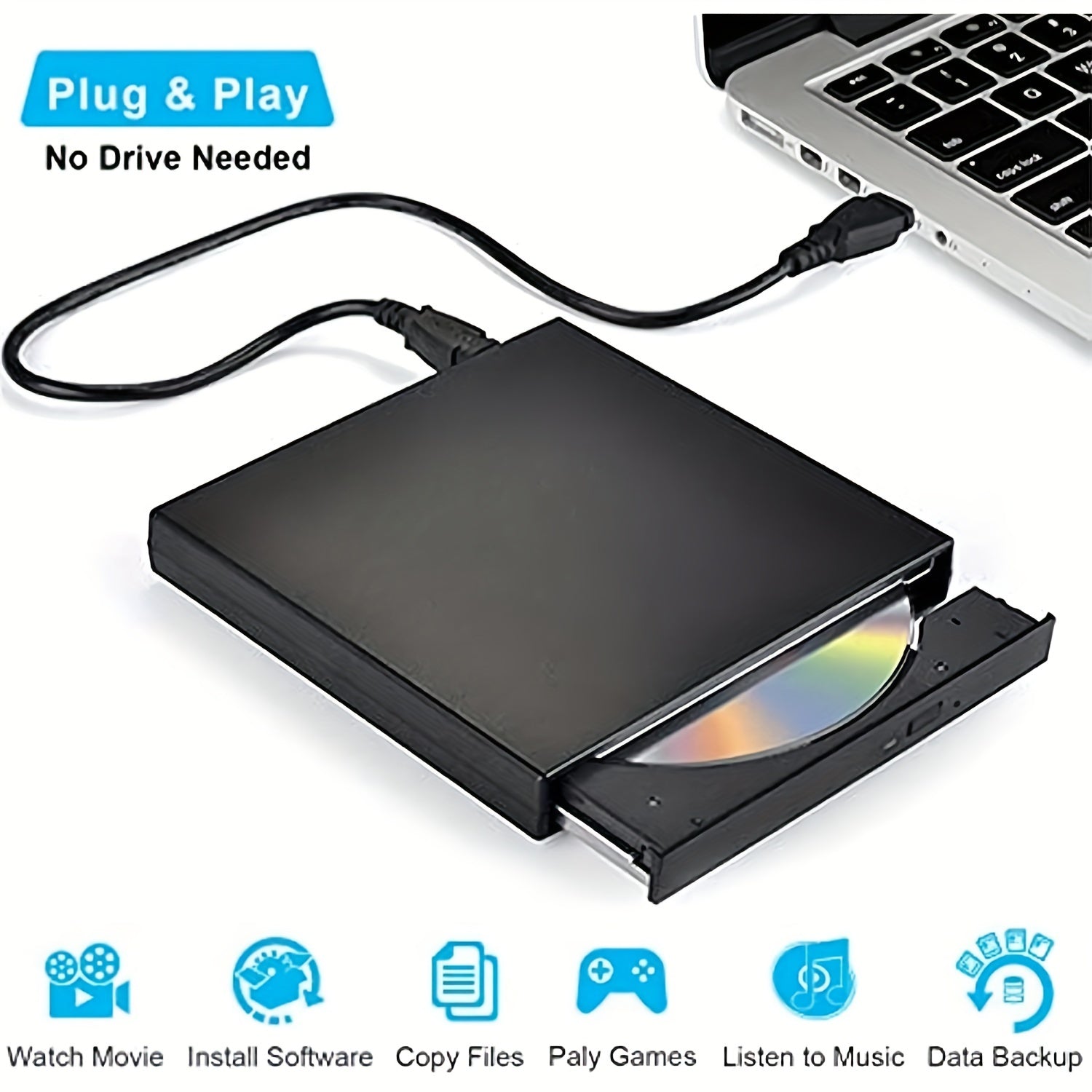 Compact USB 2.0 External DVD-RW Drive | Plug & Play, No Drivers Needed | Slim Portable CD/DVD Burner & Reader for Laptops, Desktops, Tablets, Smartphones | Data Backup, Movie Playback, Gaming | Black with Power Cable, Data Ba