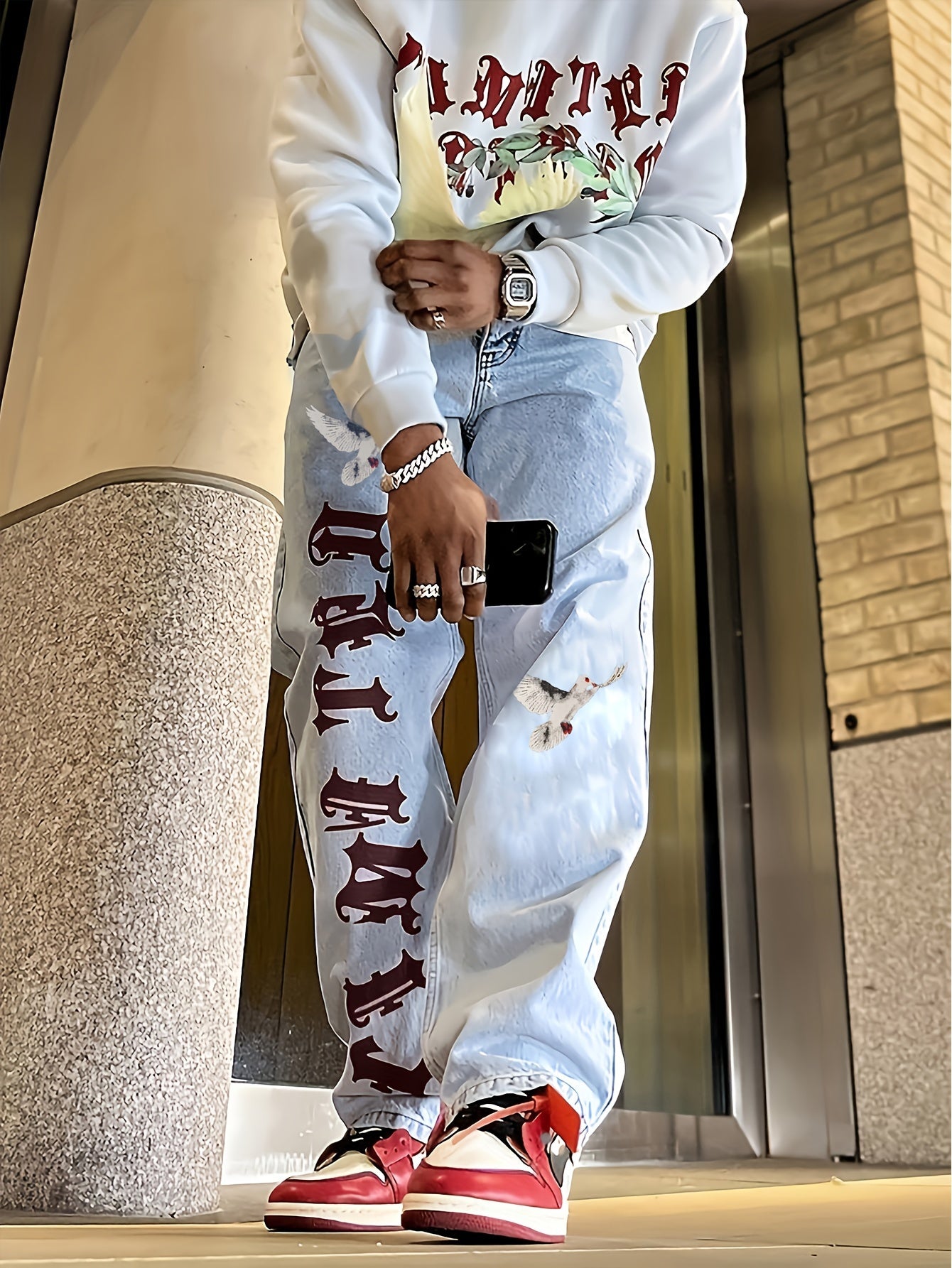 Baggy Dove Letter Print Jeans, Men's Casual Street Style Solid Color Slightly Stretch Denim Pants For Spring Summer