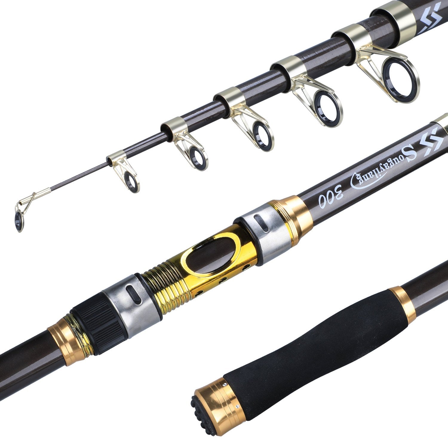 [Quality Construction] Sougayilang Ultralight Carbon Fiber Spinning Fishing Rod - Portable, Medium Action, 204.83-299.92cm Extendable Length, Black & Golden with Comfort Grip Handle - Ideal for All Anglers