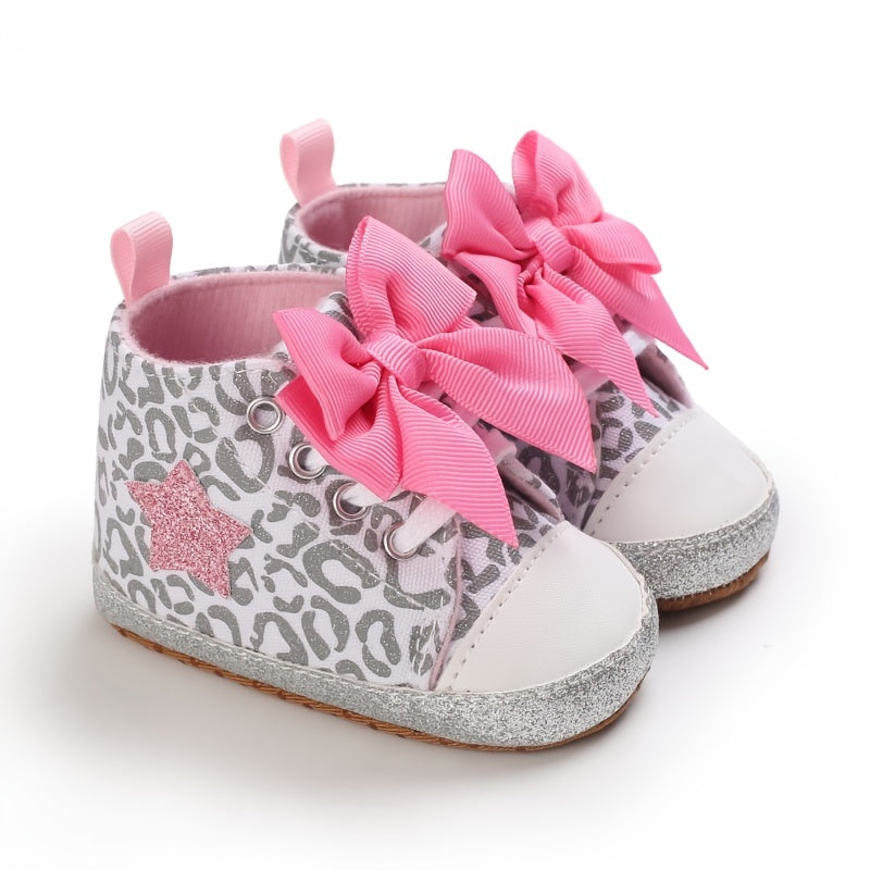 Infant Baby Gils Canvas Shoes, Soft-soled Non-slip High Top First Walker Shoes With Bow Decor