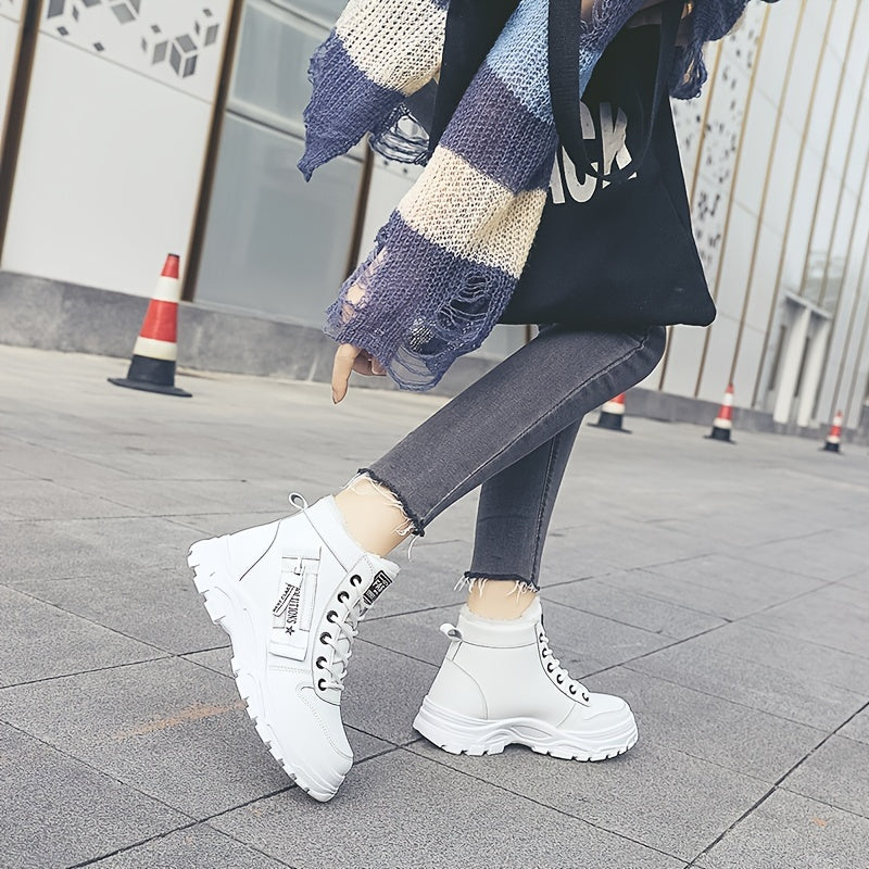 Women'S Winter High-Top Boots - Warm Fleece-Lined Ankle Boots with Thick Rubber Sole, Lace-Up Casual Style, White & Beige, Perfect for Cold Weather Comfort, Winter Boots