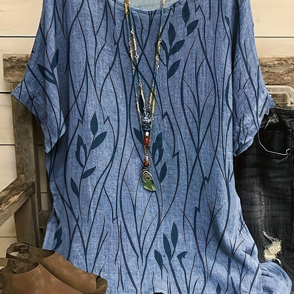 [Plus Size Elegant Floral Tee] Plus Size Elegant T-shirt, Women's Plus Casual Floral Print Round Neck Half Sleeve Tee