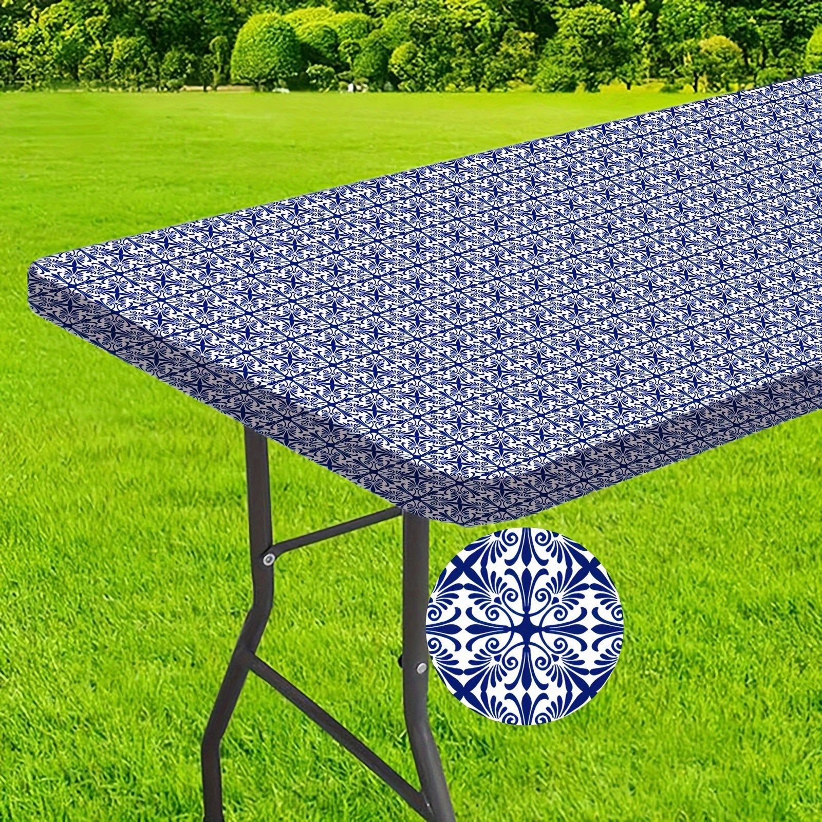 Washable 6ft Outdoor Table Cover with Elastic Edges - Perfect for Camping, Picnics, and Garden Parties - Durable Polyester, Navy Blue