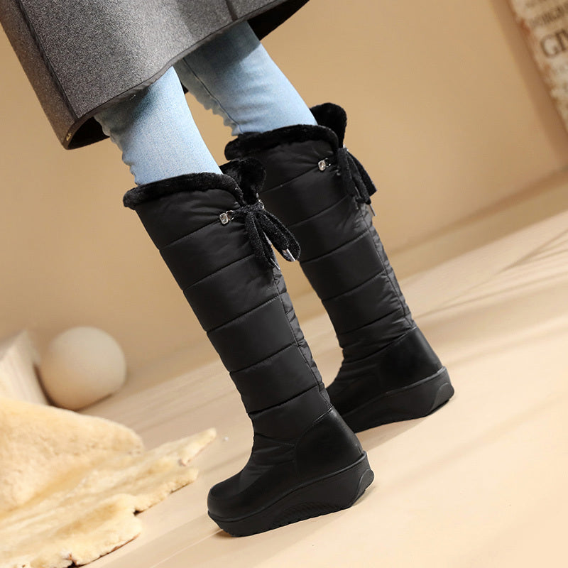 Waterproof Non-slip Outdoor Knee Boots, Warm Plush Inner Flat Lace Up Back Sports Sneakers, Women's Footwear