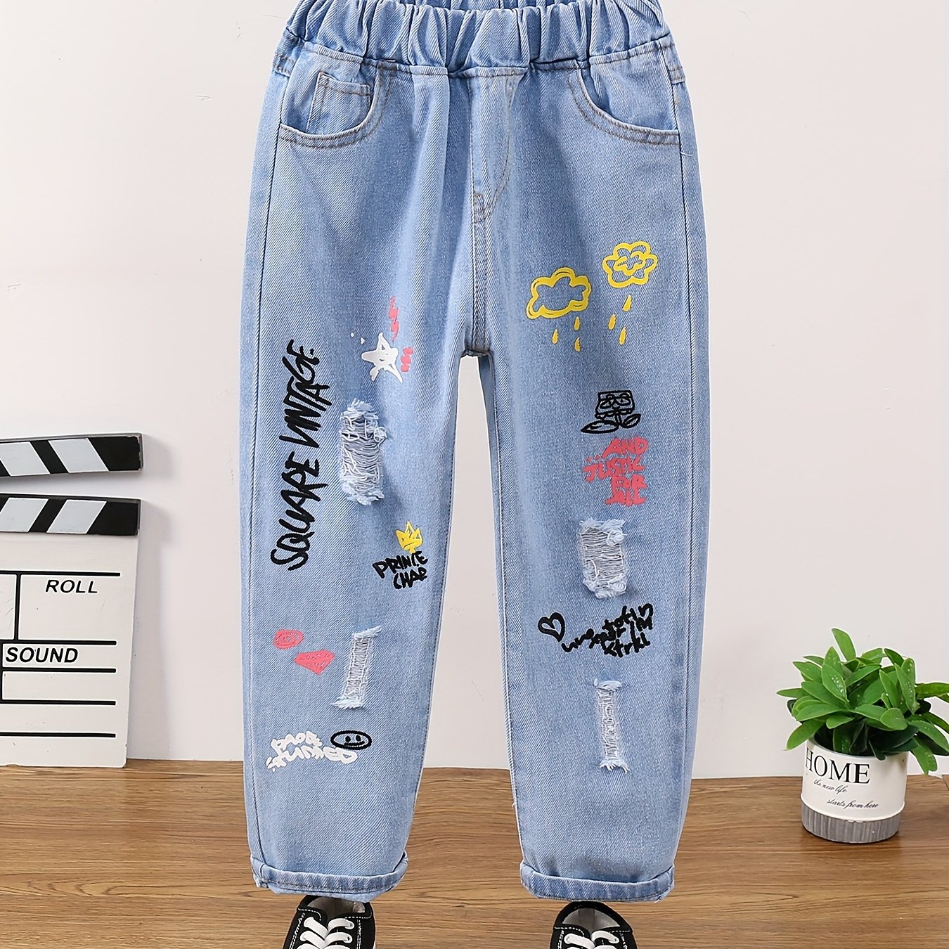 Girls Ripped Tapered Jeans, Cartoon Pattern Elastic Waistband Denim Jeans Kids Clothes