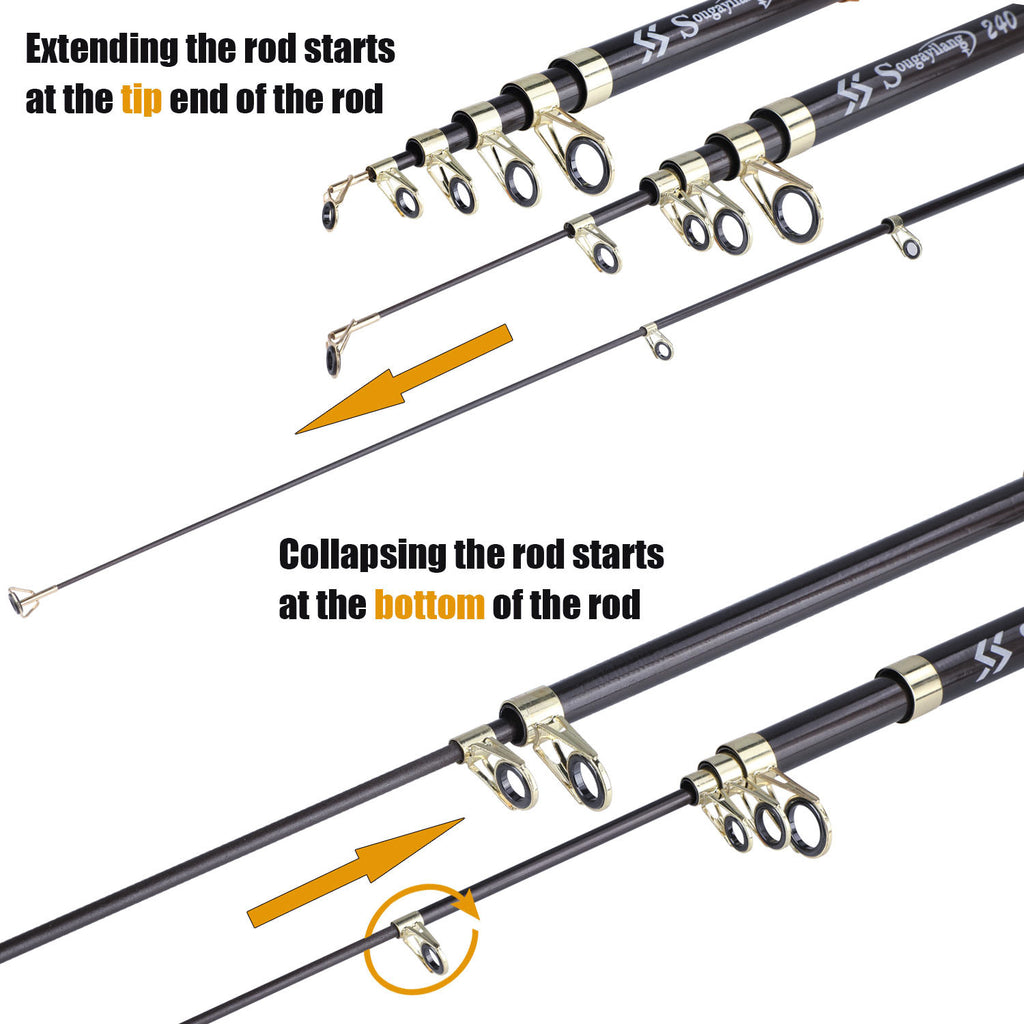 [Quality Construction] Sougayilang Ultralight Carbon Fiber Spinning Fishing Rod - Portable, Medium Action, 204.83-299.92cm Extendable Length, Black & Golden with Comfort Grip Handle - Ideal for All Anglers