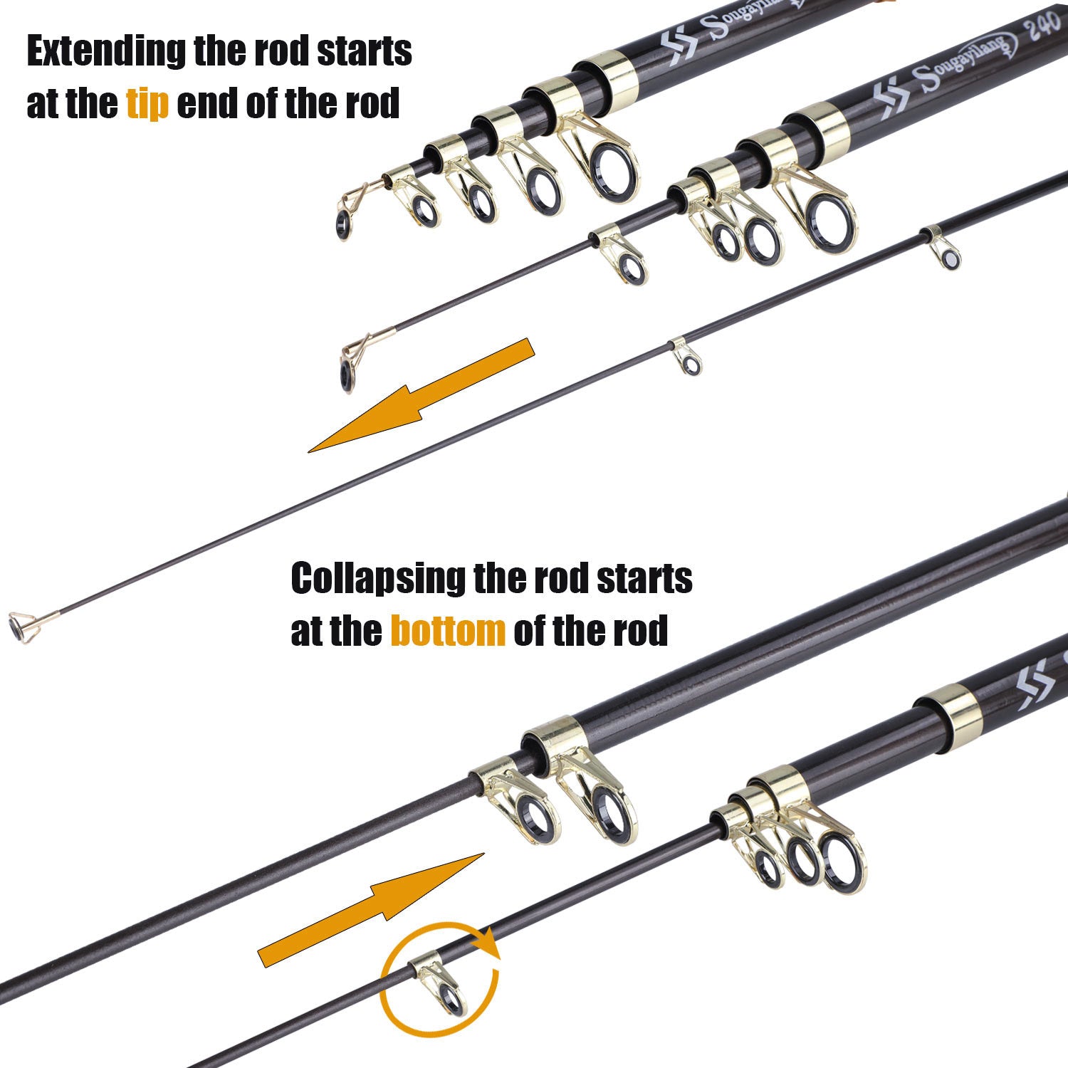 [Quality Construction] Sougayilang Ultralight Carbon Fiber Spinning Fishing Rod - Portable, Medium Action, 204.83-299.92cm Extendable Length, Black & Golden with Comfort Grip Handle - Ideal for All Anglers