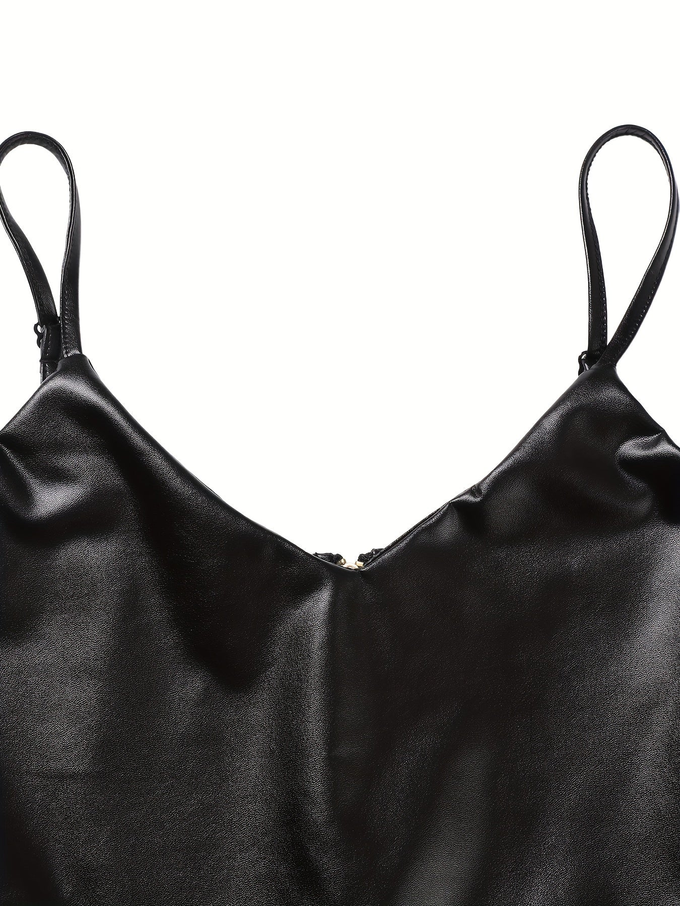 Solid Skinny PU Jumpsuit, Sexy V-neck Sleeveless Jumpsuit, Women's Clothing