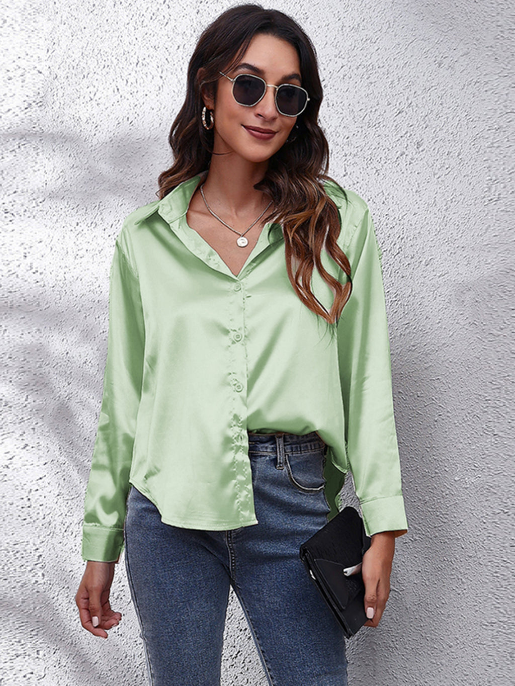 Solid Color Long Sleeve Button Down Tops, Business Casual Blouses For All Seasons, Women's Clothing