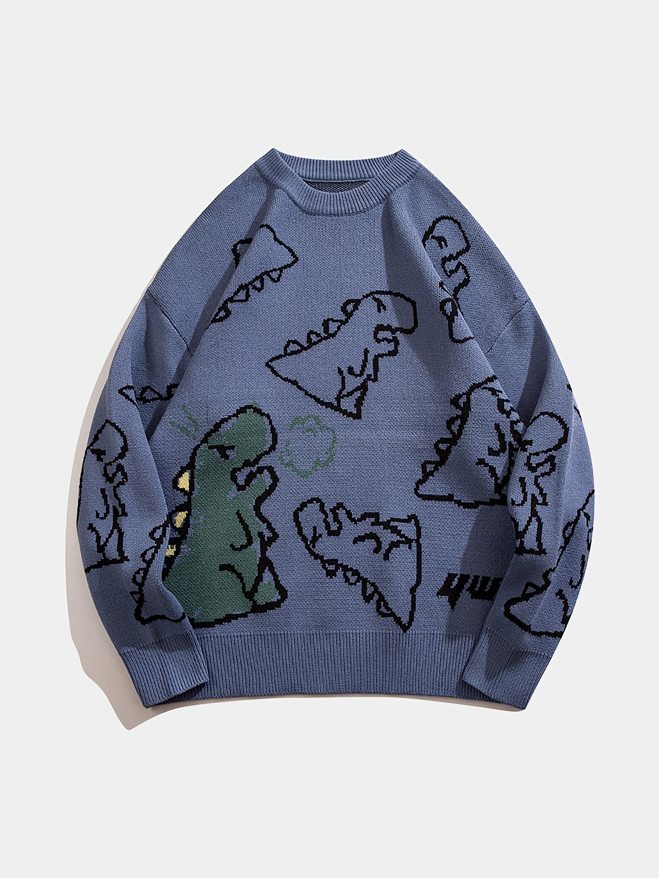 YWFG Unisex Casual Loose Fit Sweater - Black with Blue Dinosaur & Cloud Design, Long Sleeve Round Neck Pullover for Men & Women, Cozy Fall/Winter Knitwear, Dinosaur Clothes, Fall Winter Apparel, Playful Graphic Design, Comfor