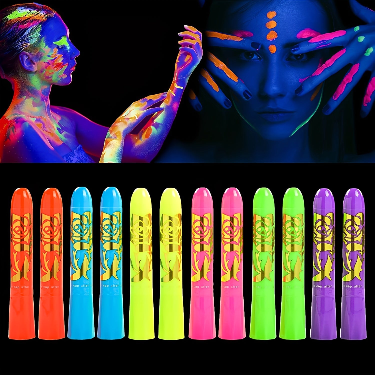 12 Pcs Glow In The Dark Body Face Paint Neon Glow In The Black Light UV Fluorescent Crayons Paint Sticks Makeup Kit For Adults Halloween Makeup Masquerade Mardi Gras Blacklight Birthday Party For Music Festival