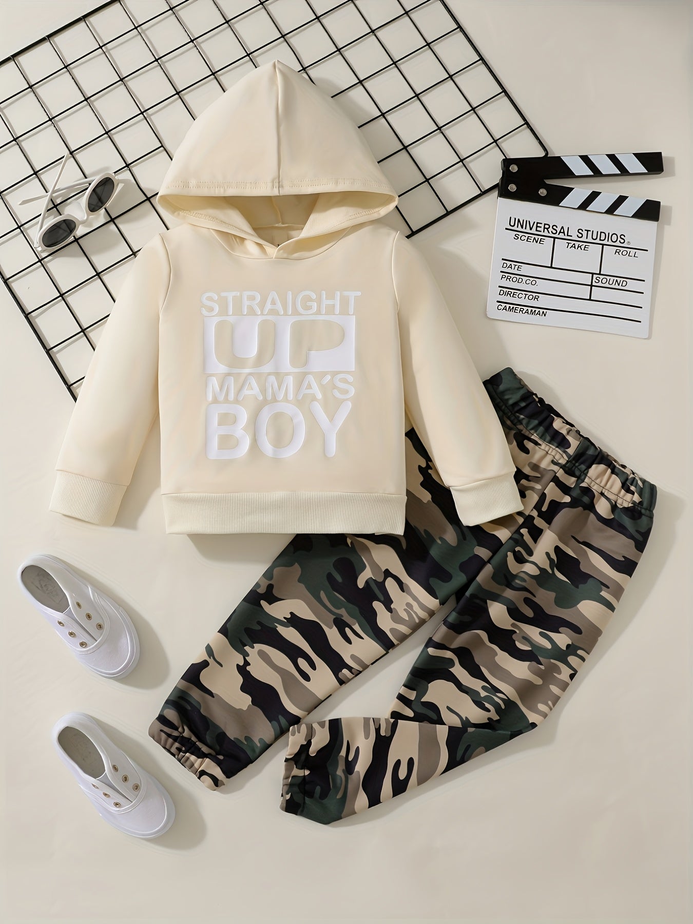 Boy's Casual Hoodie With Slogan + Camo Pants For Autumn & Winter Daily And Outdoor Wear