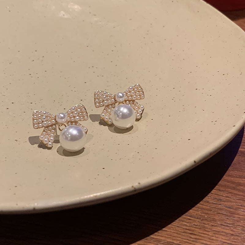 Faux Pearls Elegant Stud Earrings Bowknot Shape Ear Jewelry Decorations For Women & Girls